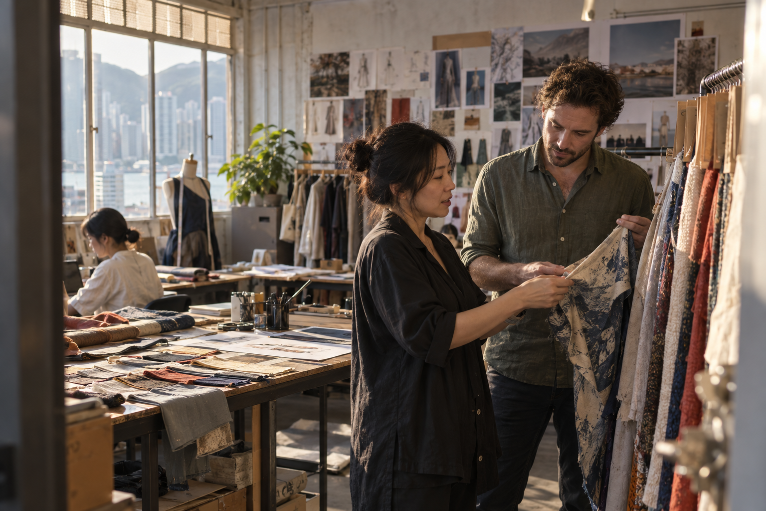 Colleagues discussing fabric samples in a busy garment design and sourcing studio